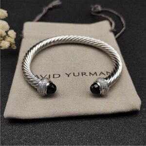 David Yurman Silver Cable Bracelet with Black Onyx Terminals 7mm